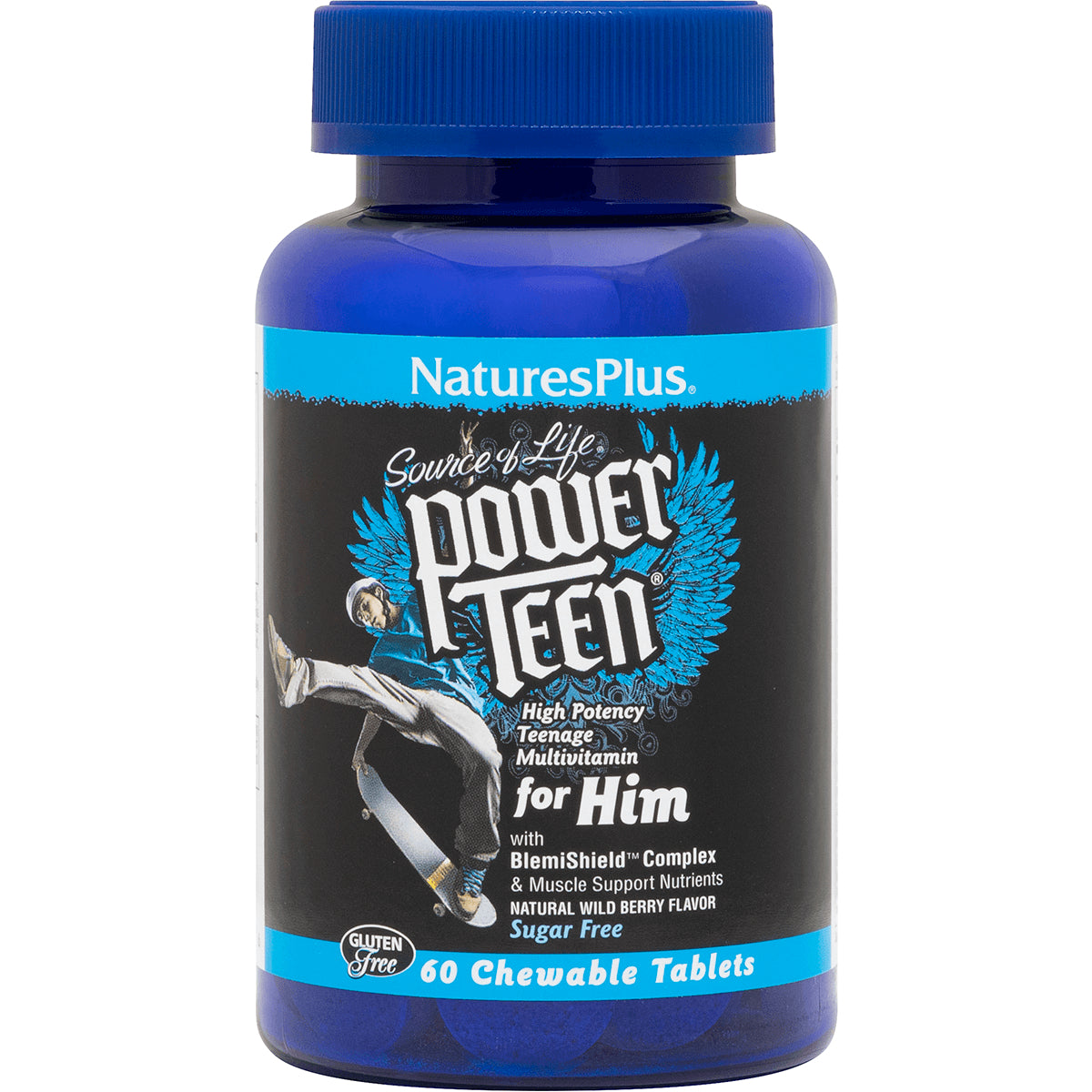 NTP197 | NaturesPlus Power Teen for Him chewable multivitamin bottle, 60 tablets, wild berry flavor