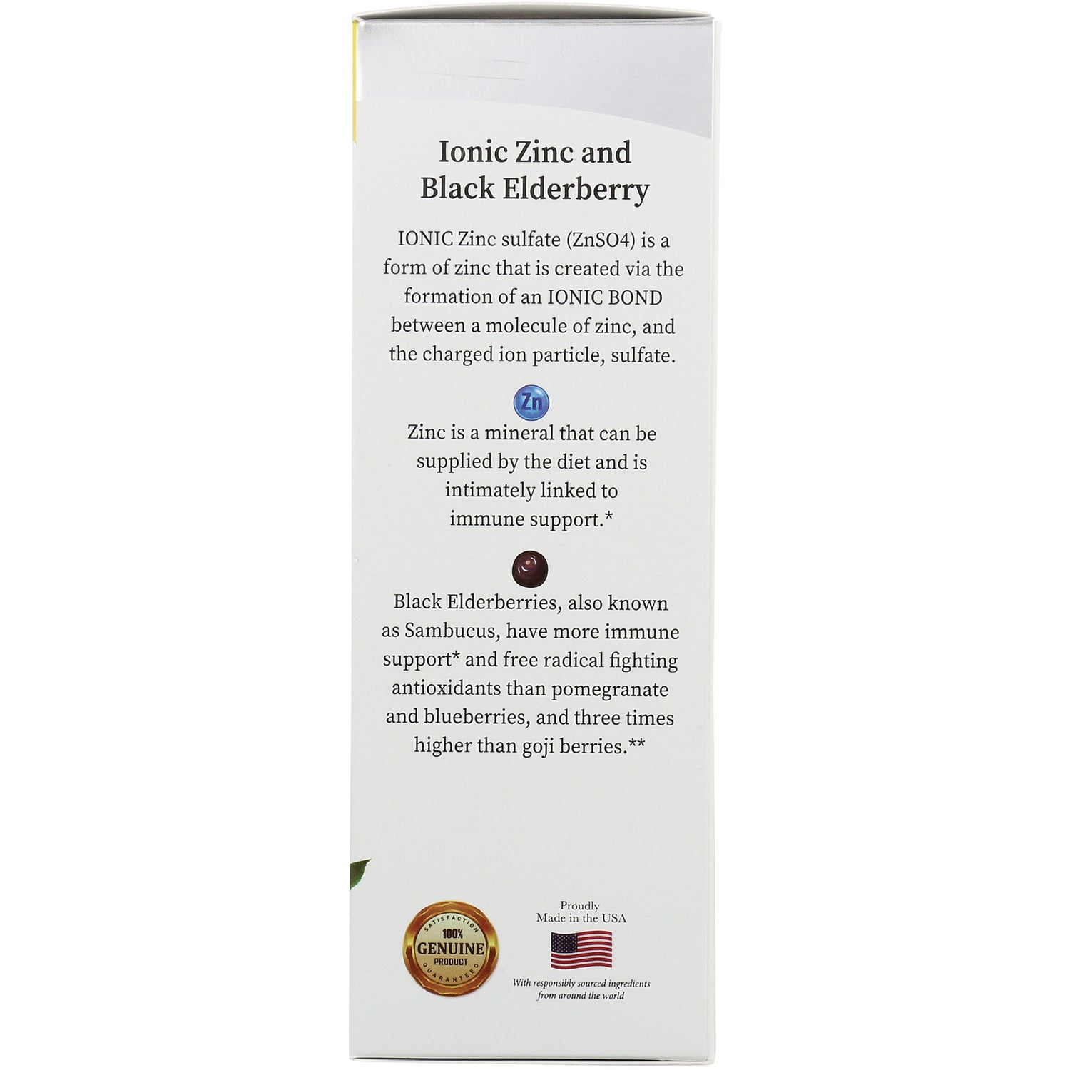 NAT409 | box side panel titled Ionic Zinc and Black Elderberry describing zinc and elderberry benefits and genuine product seal