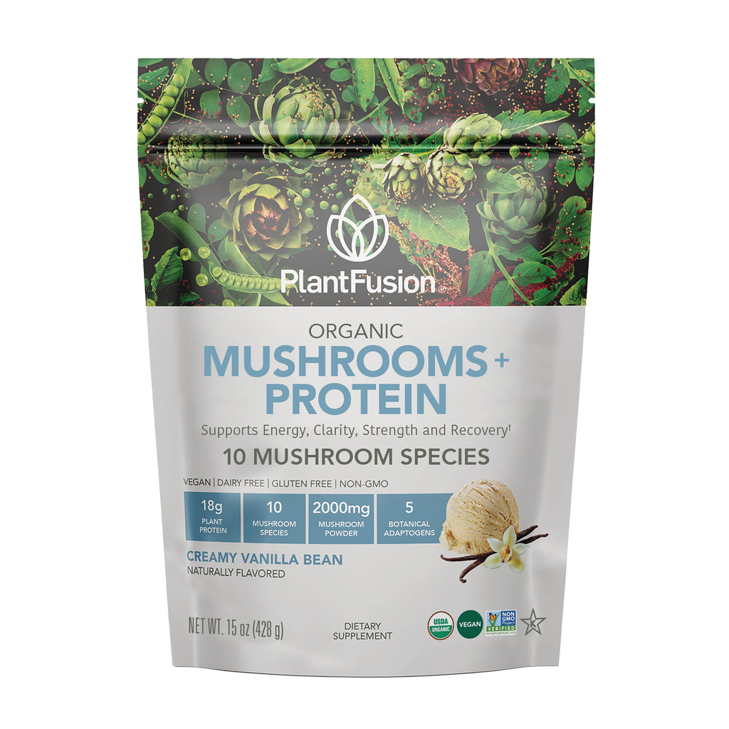 PFU030 | PlantFusion Organic Mushrooms + Protein creamy vanilla bean 15 oz pouch front - Thumbnail