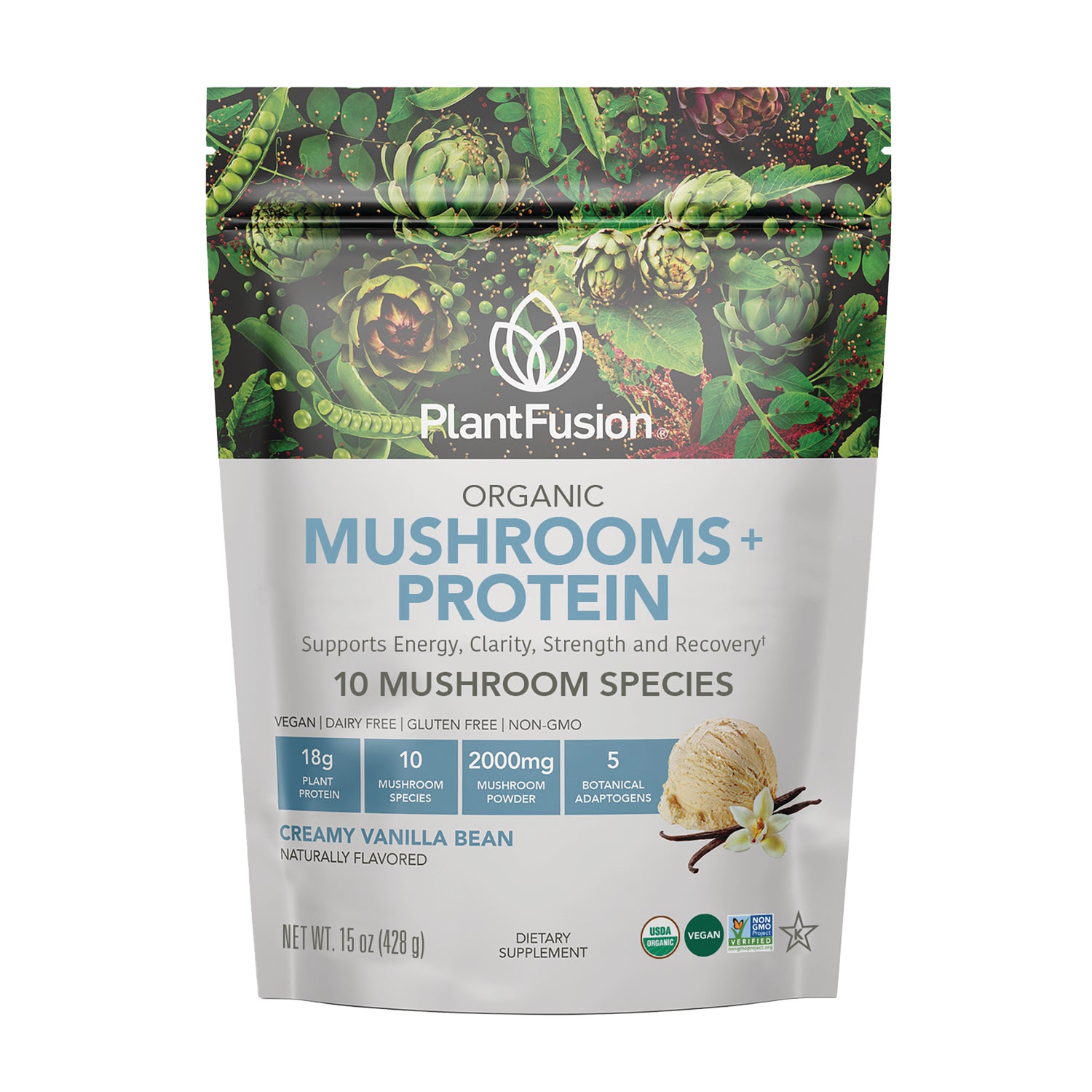 PFU030 | PlantFusion Organic Mushrooms + Protein creamy vanilla bean 15 oz pouch front