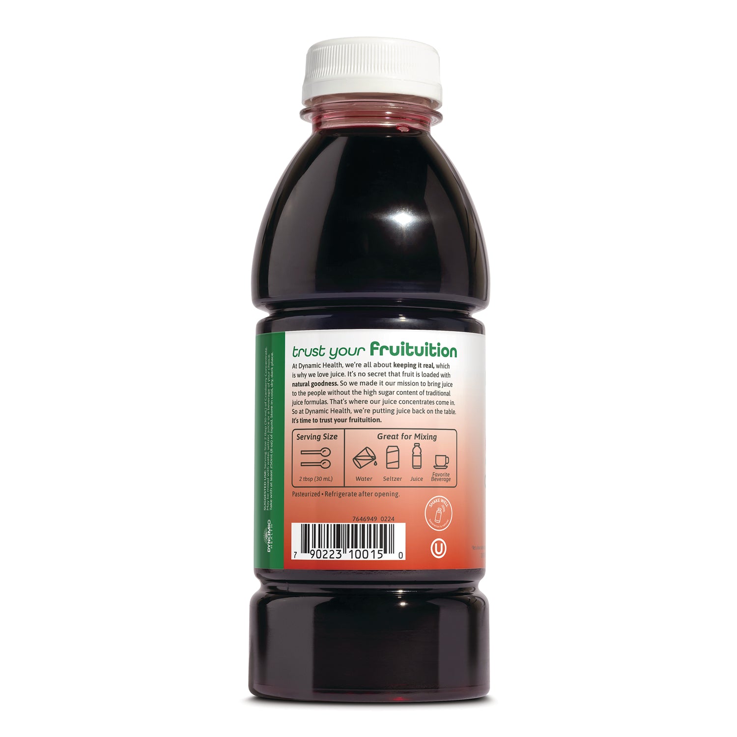 DYH057 | Back label of dark juice bottle showing serving size, mixing icons, barcode and refrigeration info