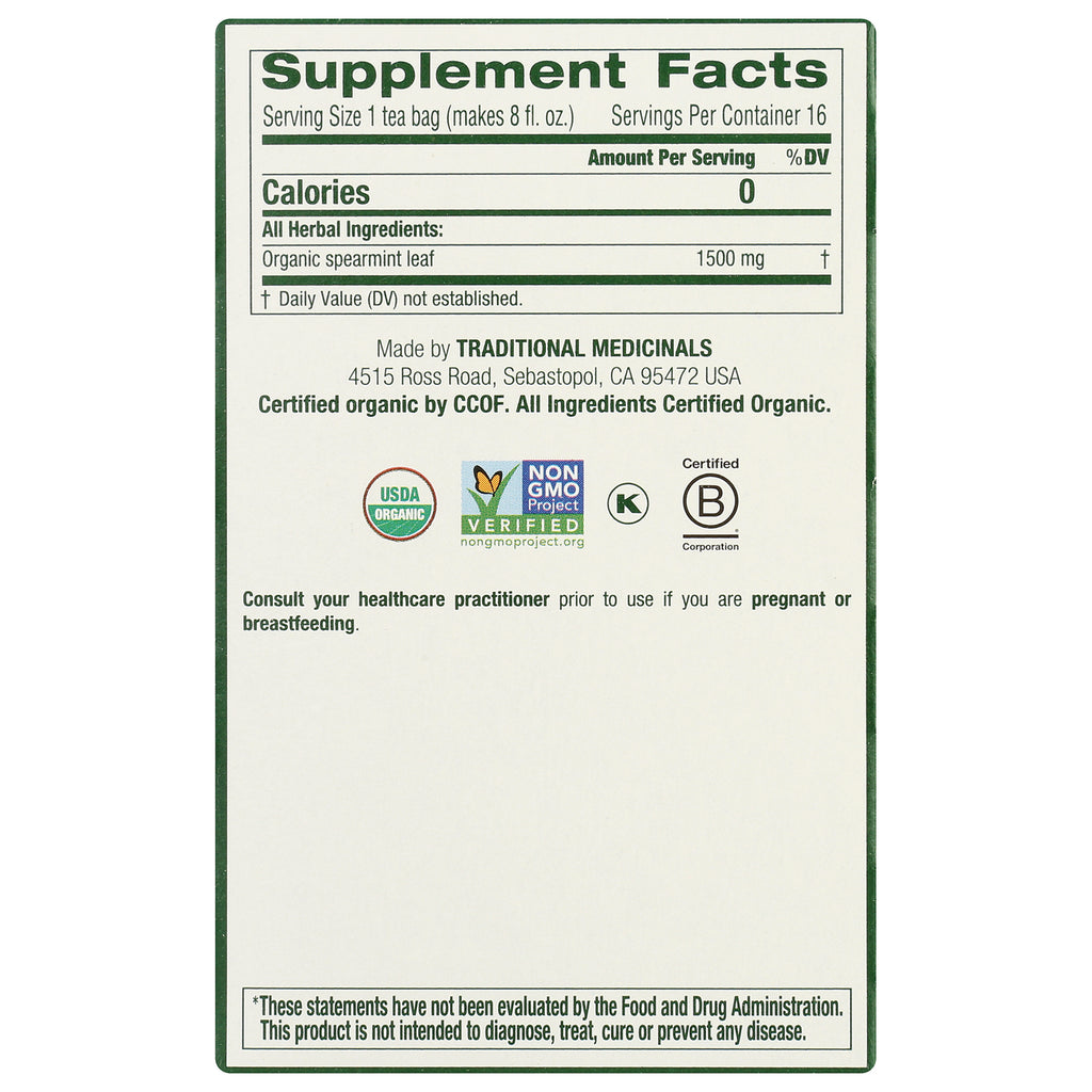 TMD026 | Supplement Facts panel for Traditional Medicinals Organic Spearmint tea; organic spearmint leaf 1500 mg; USDA Organic, Non-GMO, Kosher - Thumbnail