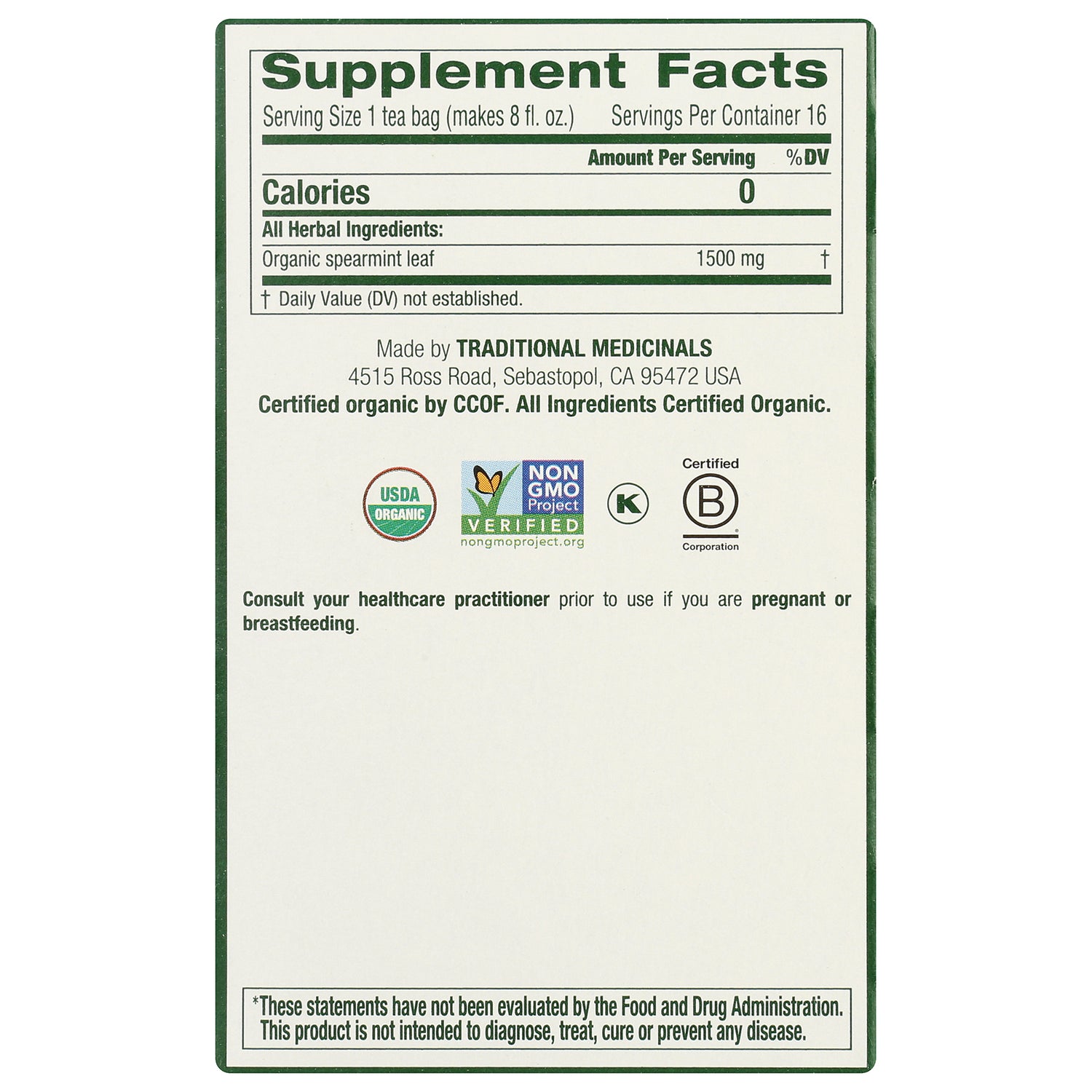 TMD026 | Supplement Facts panel for Traditional Medicinals Organic Spearmint tea; organic spearmint leaf 1500 mg; USDA Organic, Non-GMO, Kosher