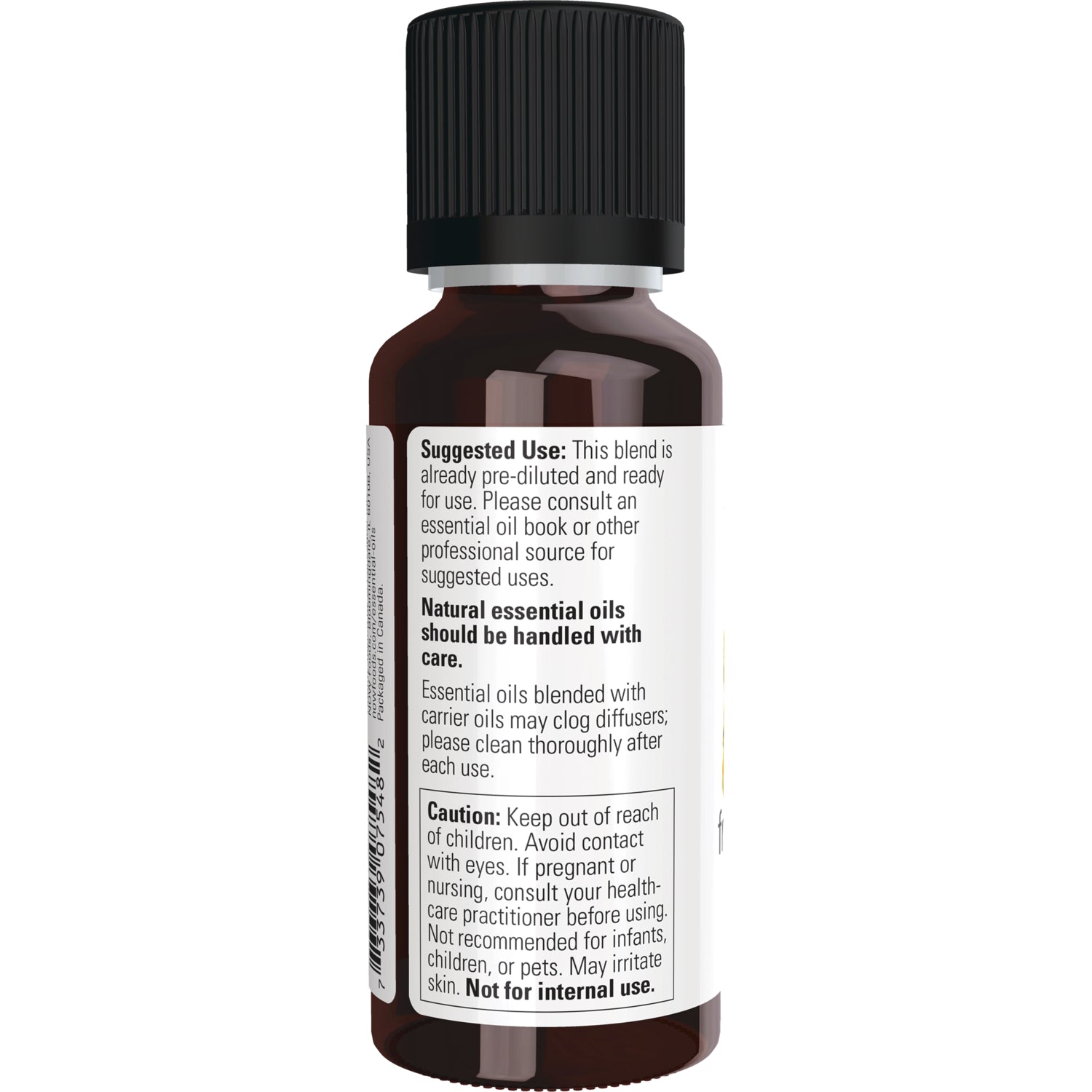 NWF605 | Back label of amber essential oil bottle showing suggested use, caution text and partial barcode