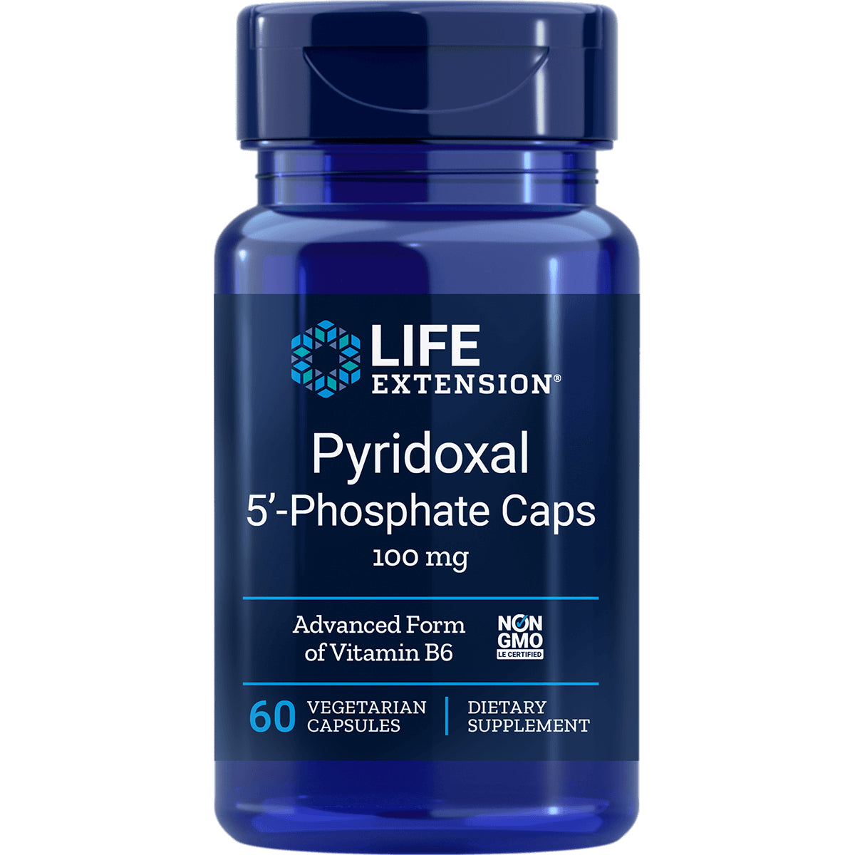 LE077 | Life Extension Pyridoxal 5'-Phosphate Caps 100 mg blue supplement bottle front label