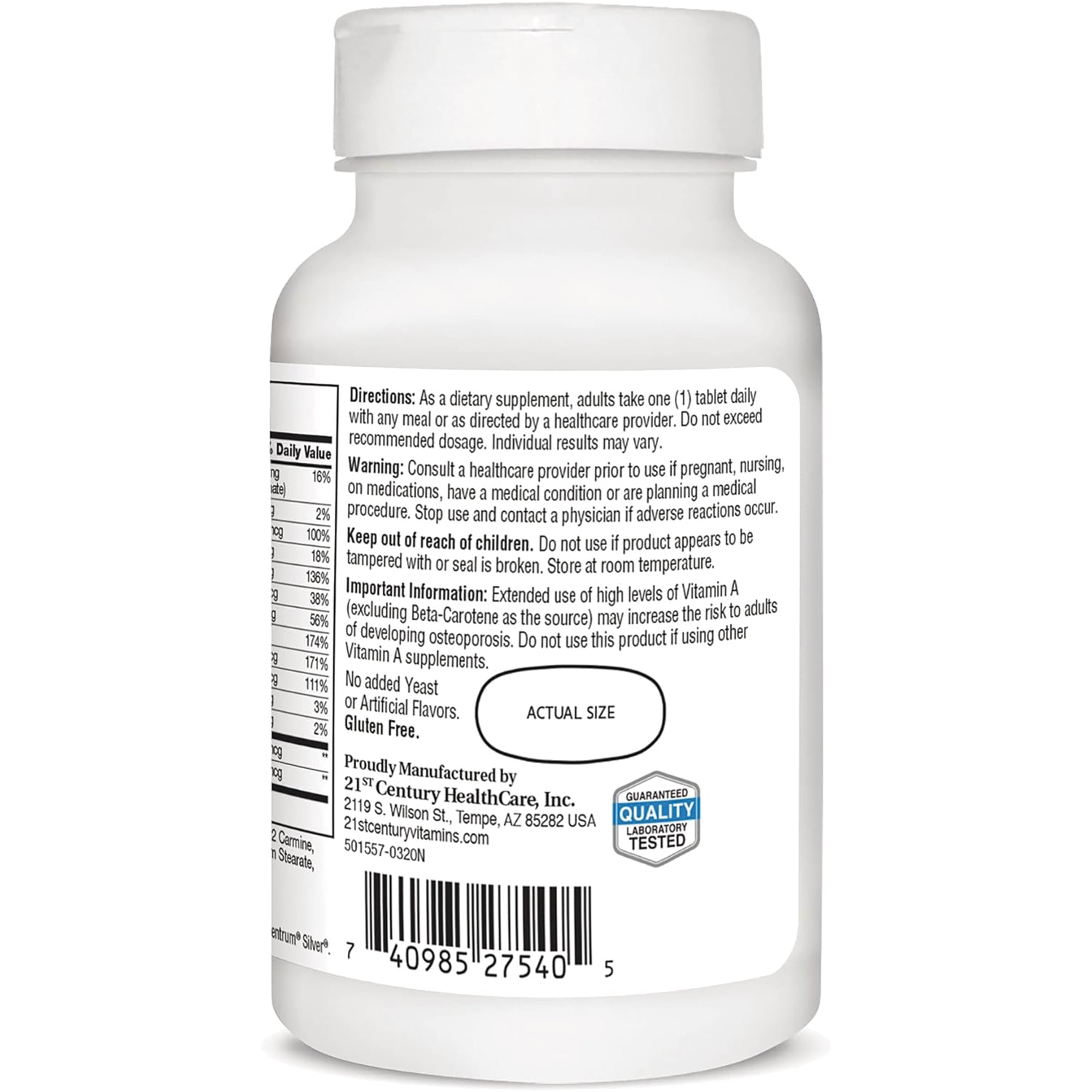 CNT281 | back label of white supplement bottle showing directions, warnings, barcode, and actual size oval