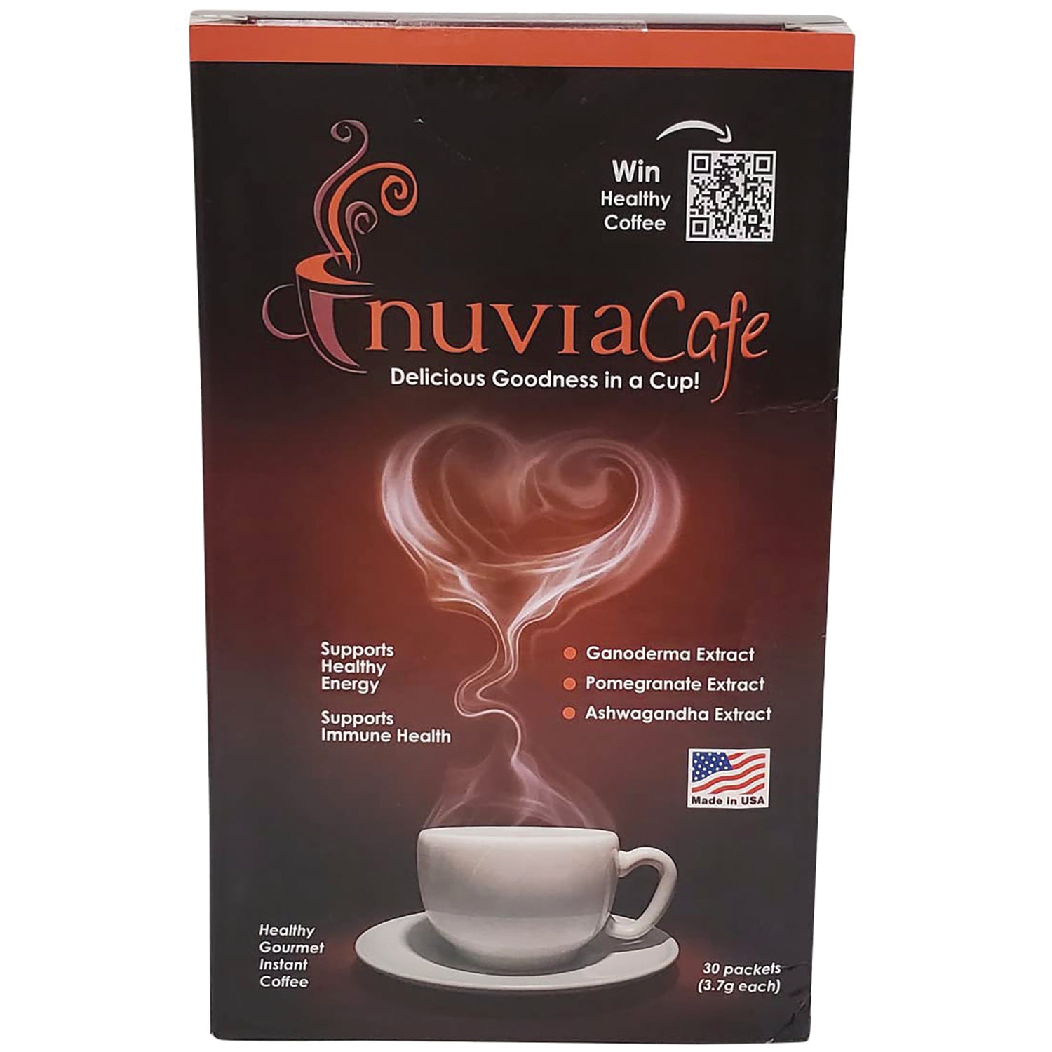 NVC002 | Front of NuviaCafe coffee box showing cup with heart-shaped steam, product benefits and Made in USA label