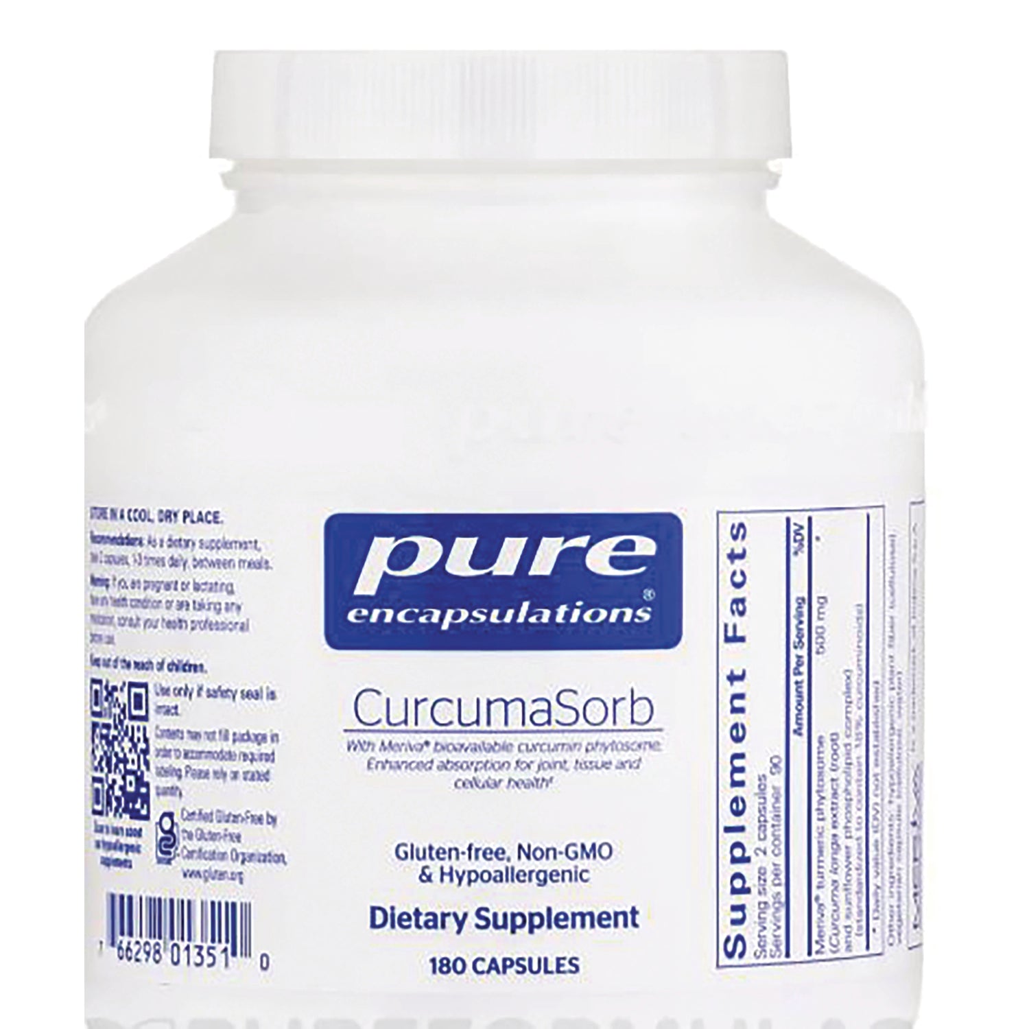 PRN170 | White supplement bottle front showing Pure Encapsulations CurcumaSorb label, 180 capsules gluten-free dietary supplement