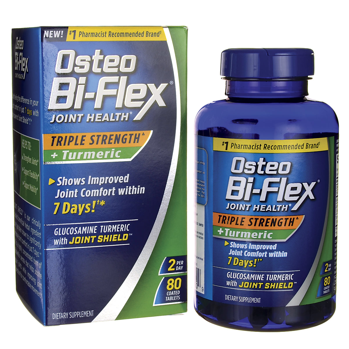 OBF009 | Osteo Bi-Flex Triple Strength + Turmeric supplement bottle and box showing front labels and 80 coated tablets