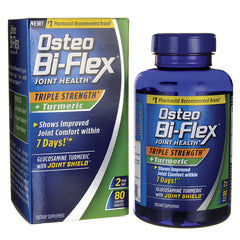 OBF009 | Osteo Bi-Flex Triple Strength + Turmeric supplement bottle and box showing front labels and 80 coated tablets