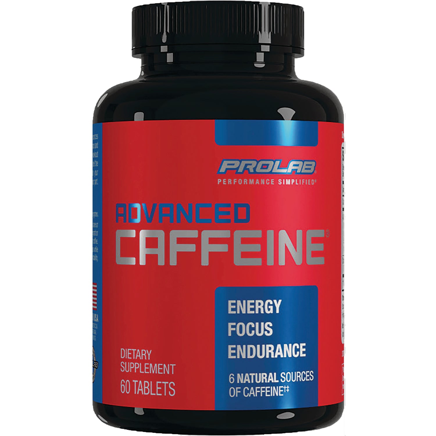 PRL026 | Prolab Advanced Caffeine supplement bottle with red label reading Advanced Caffeine and Energy Focus, 60 tablets