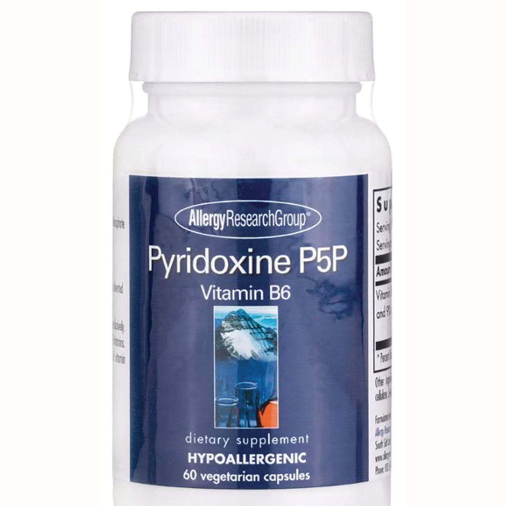 ARG026 | white supplement bottle with blue label reading Pyridoxine P5P Vitamin B6 hypoallergenic 60 vegetarian capsules - Thumbnail