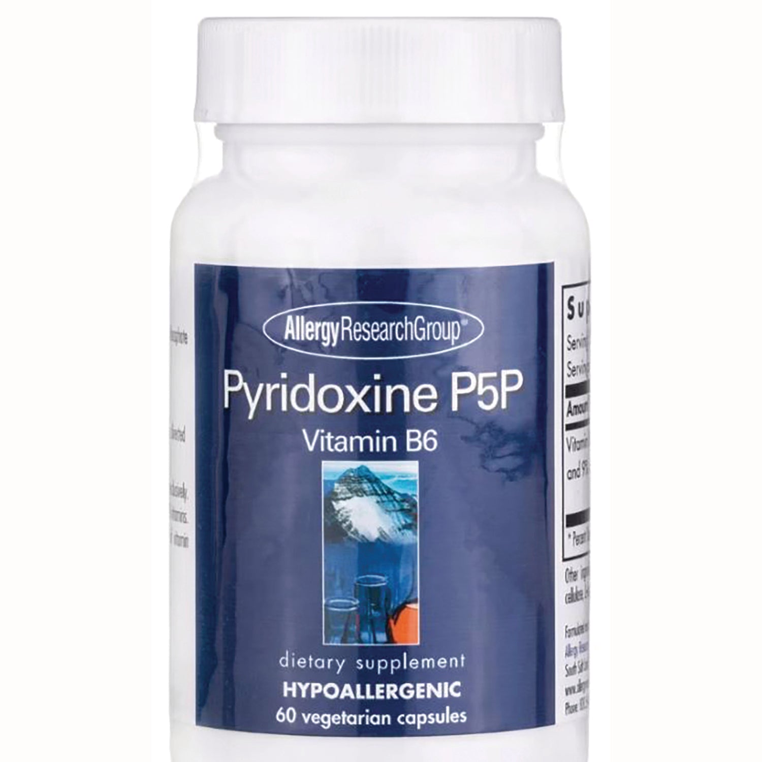 ARG026 | white supplement bottle with blue label reading Pyridoxine P5P Vitamin B6 hypoallergenic 60 vegetarian capsules