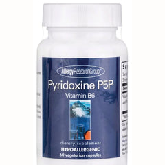 ARG026 | white supplement bottle with blue label reading Pyridoxine P5P Vitamin B6 hypoallergenic 60 vegetarian capsules