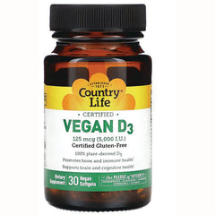CRL591 | Country Life bottle labeled CERTIFIED VEGAN D3 125 mcg (5,000 I.U.), Certified Gluten-Free, 30 vegan softgels