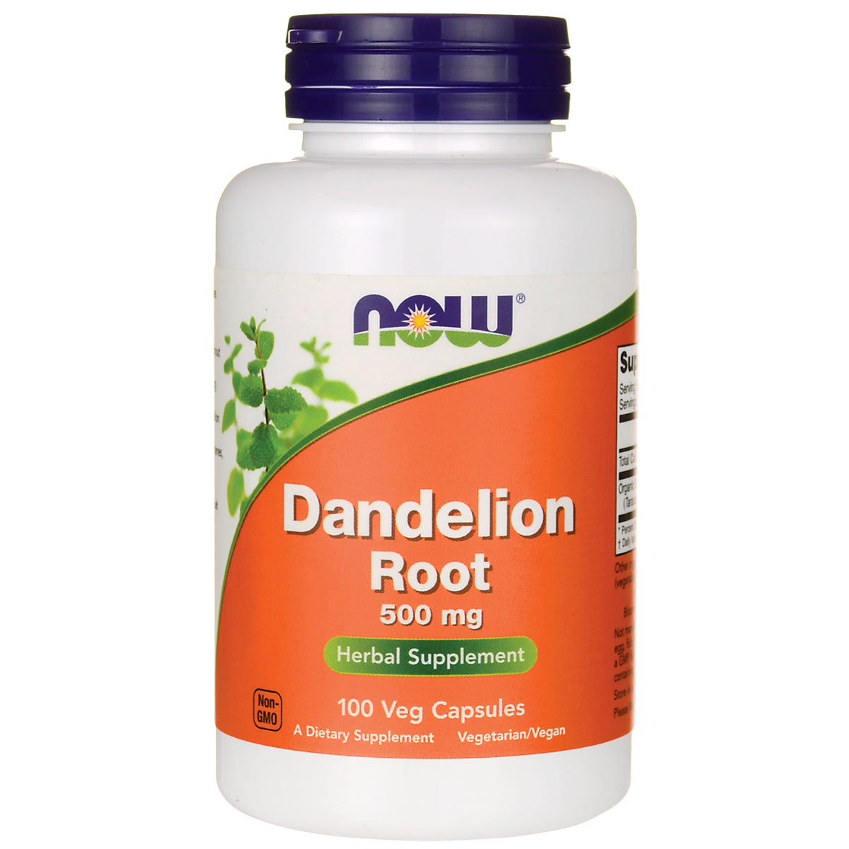 NWF189 | NOW Dandelion Root 500 mg herbal supplement bottle, 100 veg capsules