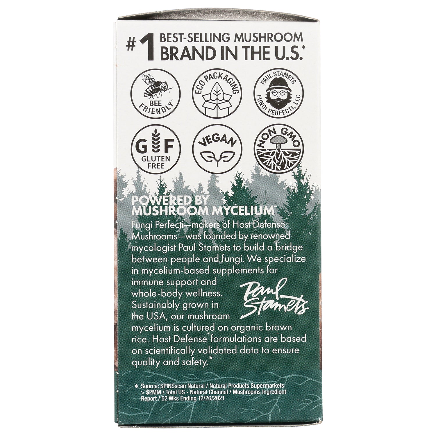 FUN008 | Back of Host Defense mushroom supplement box showing certification badges and product description text