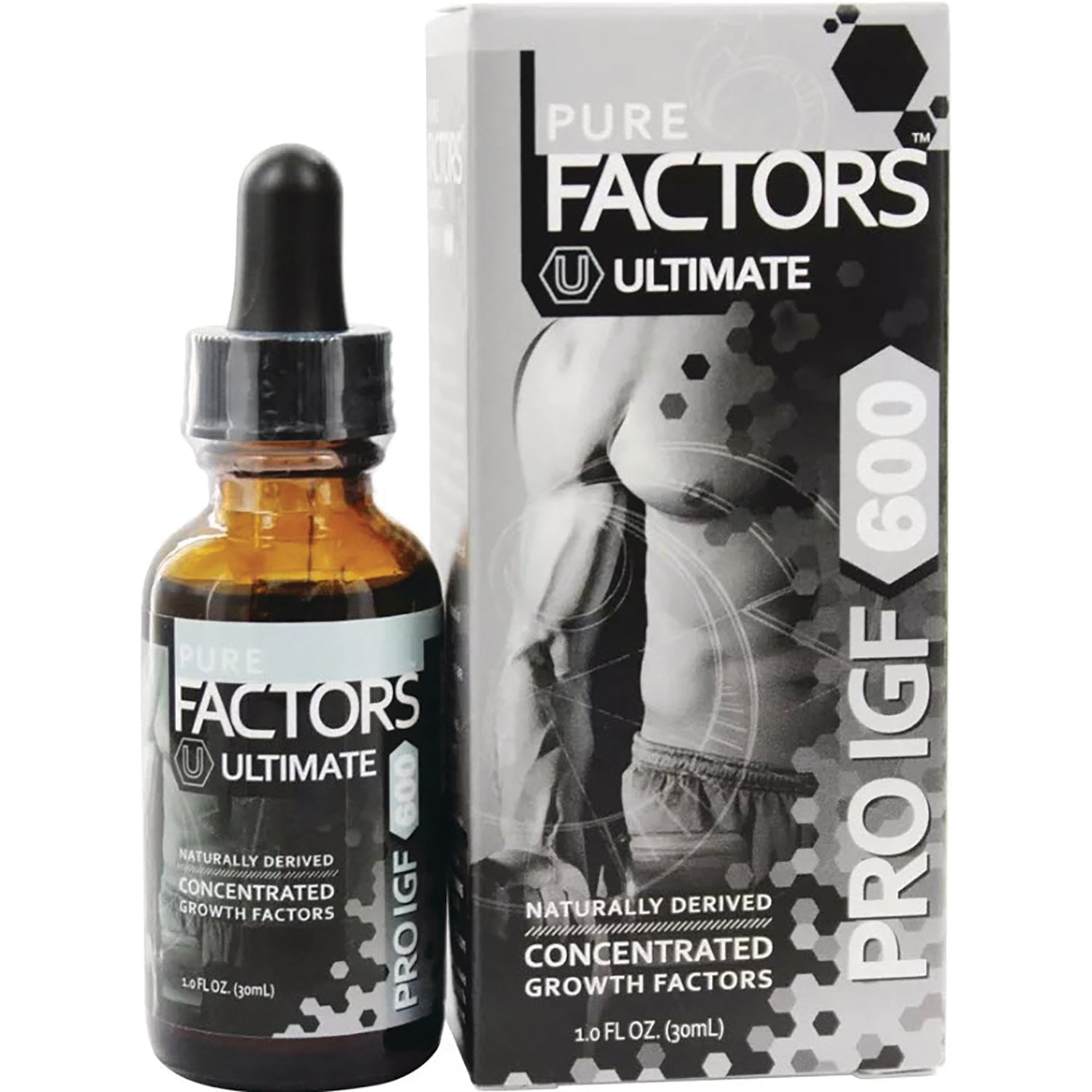 PSL006 | Amber dropper bottle and box labeled PURE FACTORS ULTIMATE PROIGF concentrated growth factors 1.0 FL OZ