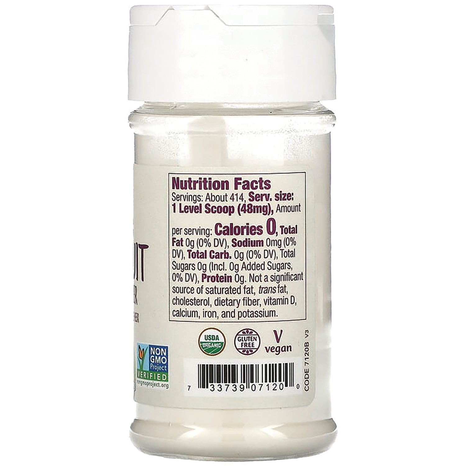 NWF1383 | Back of white supplement bottle showing Nutrition Facts panel, USDA Organic, gluten free, vegan icons and barcode