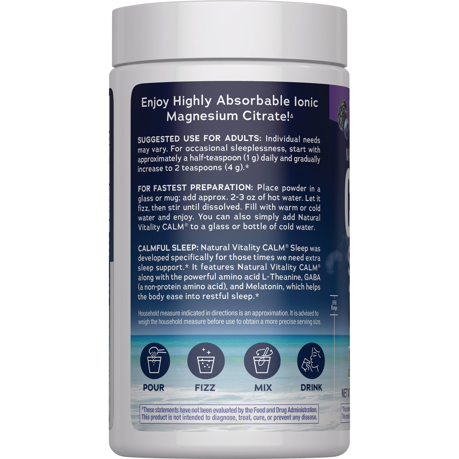 NVT071 | Back label of Calm magnesium citrate powder jar showing suggested use, preparation instructions, and pour, fizz, mix, drink icons