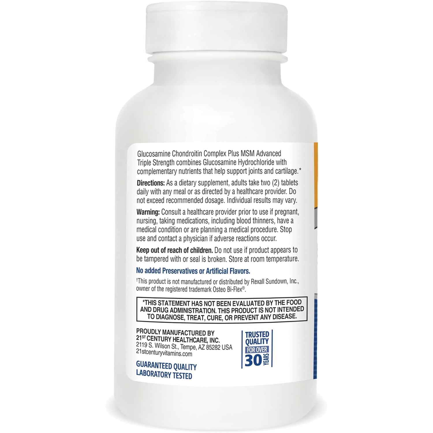 CNT278 | back label of white supplement bottle showing directions, warnings, manufacturer and quality statements