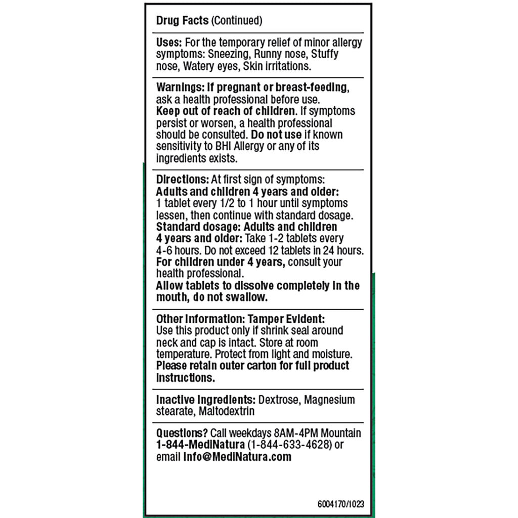 MNA029 | Back of BHI Allergy Relief Tablets box showing drug facts, warnings, directions and inactive ingredients - Thumbnail