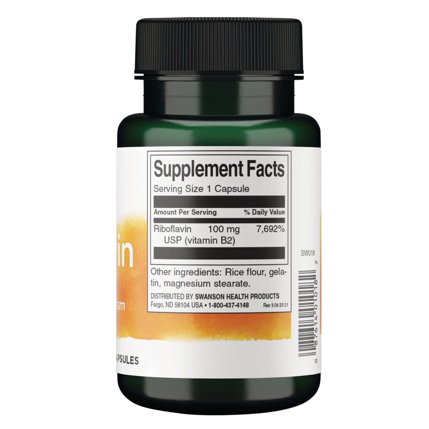 SW018 | Back of bottle showing Supplement Facts for Riboflavin 100 mg, serving size 1 capsule