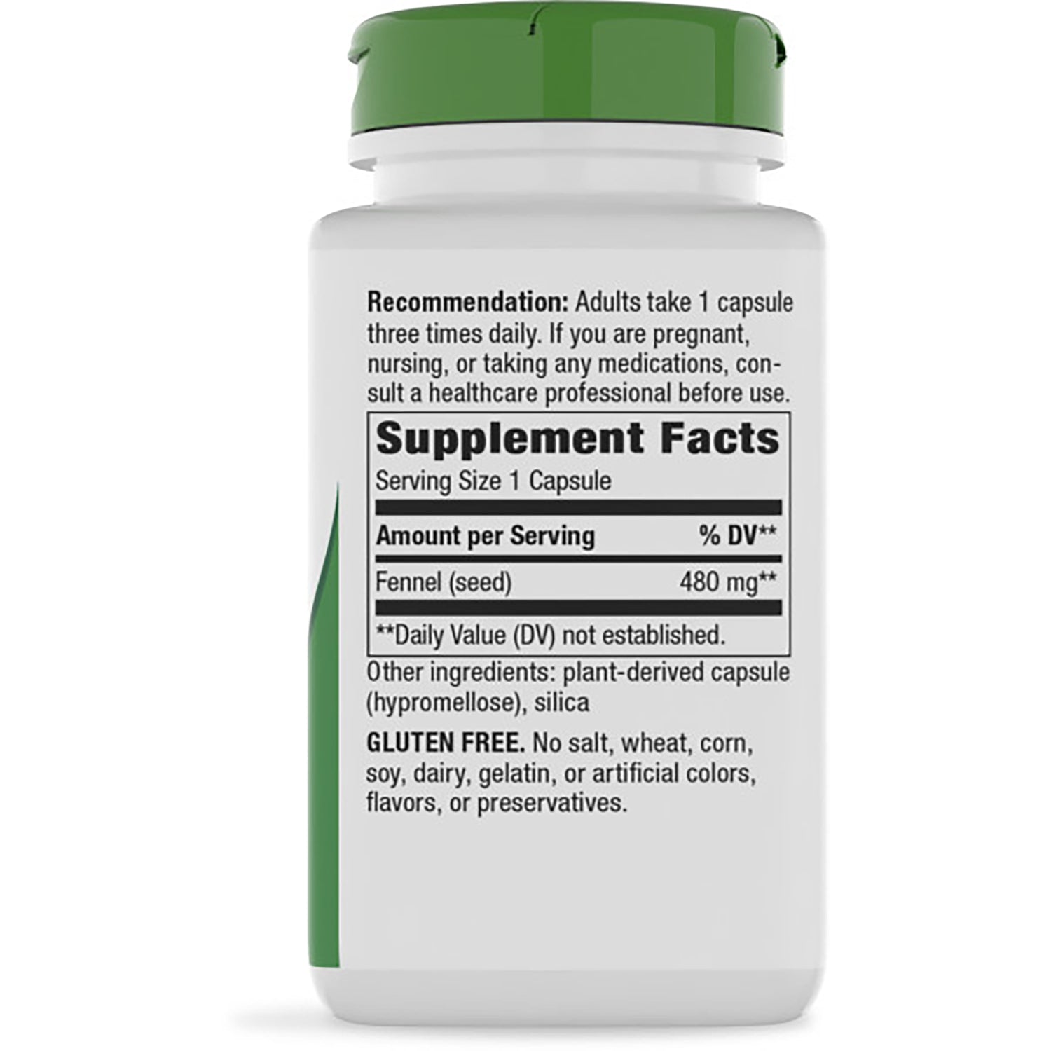 NW134 | Back of supplement bottle showing Supplement Facts panel, serving size 1 capsule and fennel (seed) 480 mg