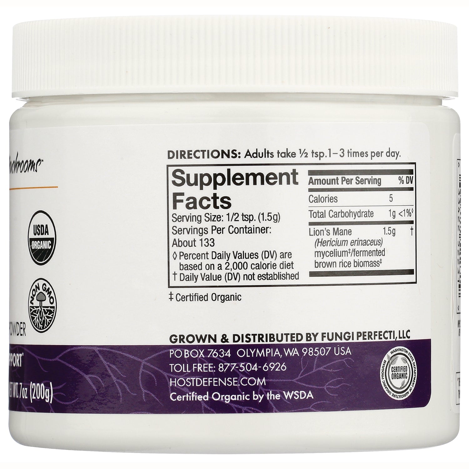 FUN045 | Back label showing Supplement Facts panel, directions, USDA Organic badge and distributor information