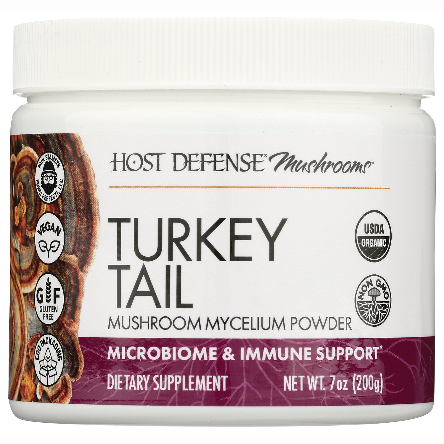 Host Defense Turkey Tail mushroom mycelium powder jar, dietary supplement with USDA Organic and vegan labels