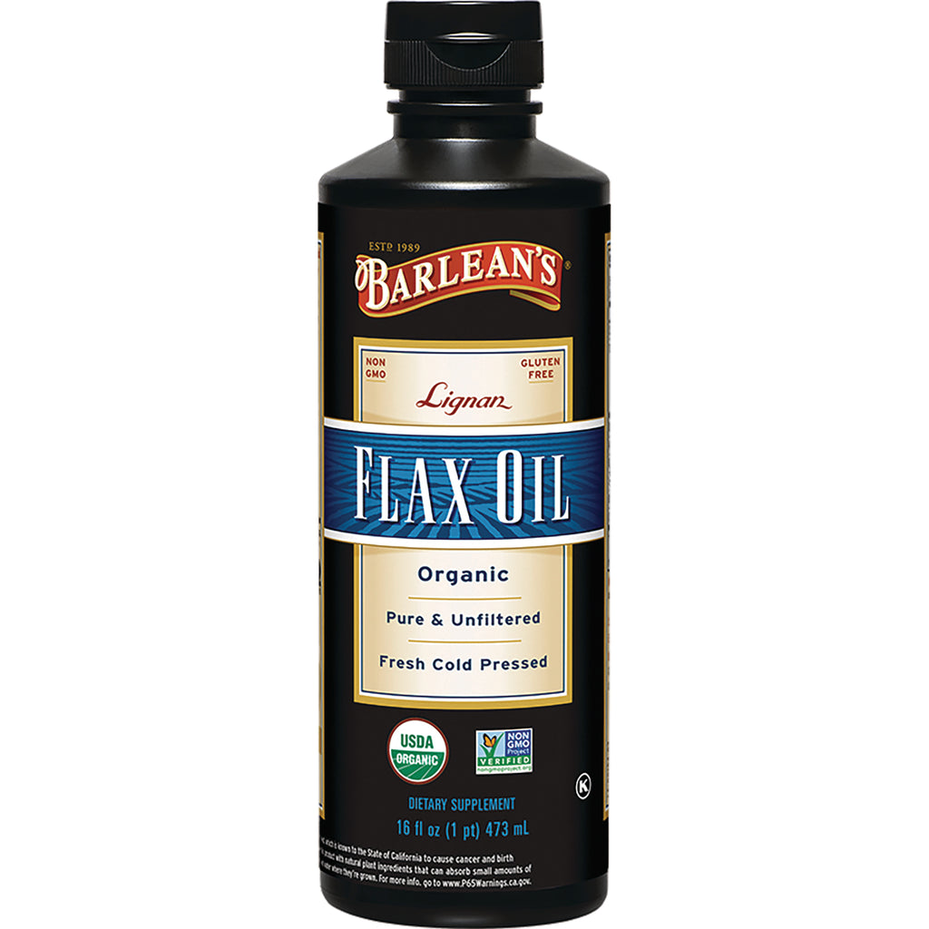 BARLEAN'S FLAX OIL bottle labeled Organic Pure & Unfiltered Fresh Cold Pressed 16 fl oz - Thumbnail
