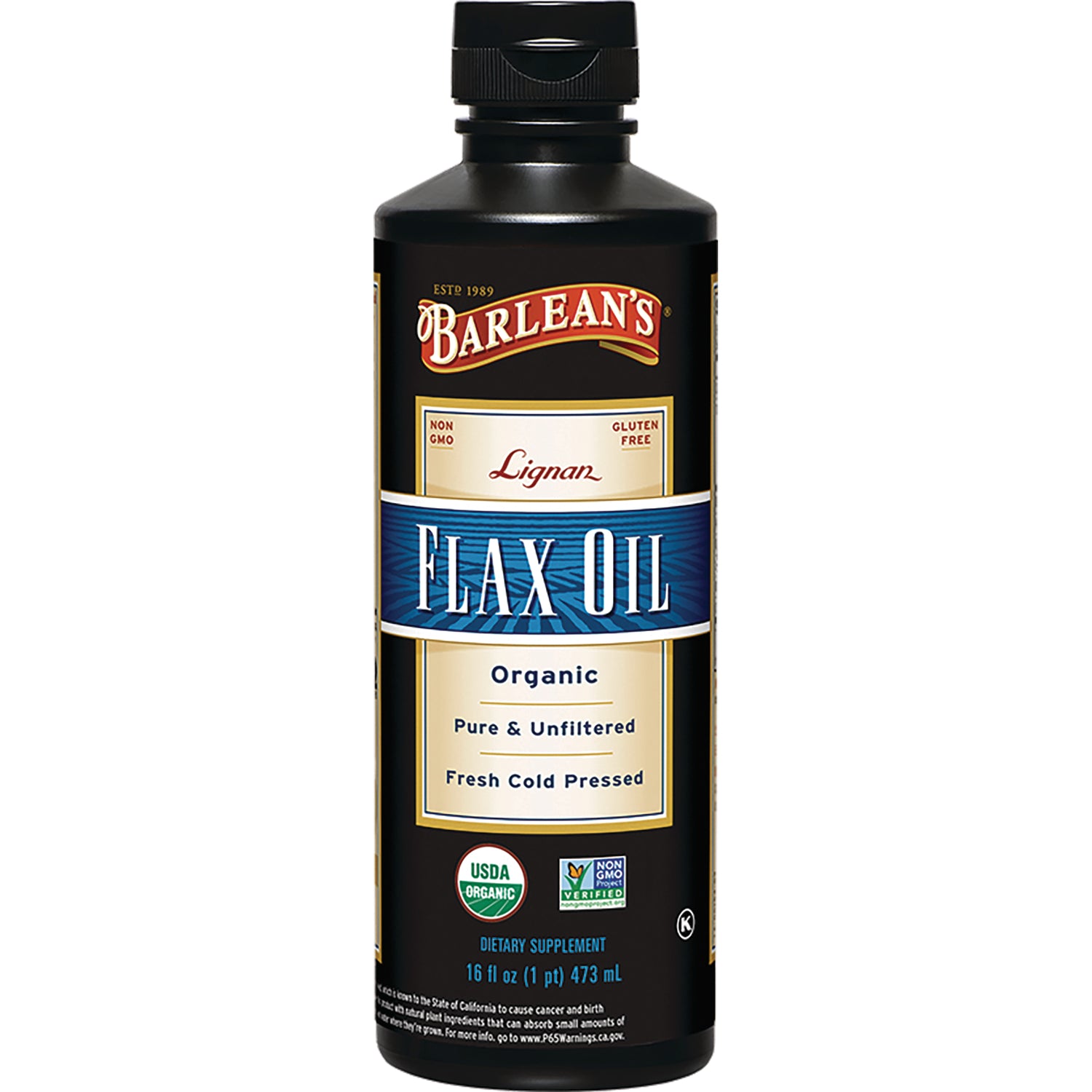 BARLEAN'S FLAX OIL bottle labeled Organic Pure & Unfiltered Fresh Cold Pressed 16 fl oz