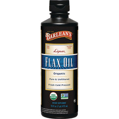 BARLEAN'S FLAX OIL bottle labeled Organic Pure & Unfiltered Fresh Cold Pressed 16 fl oz