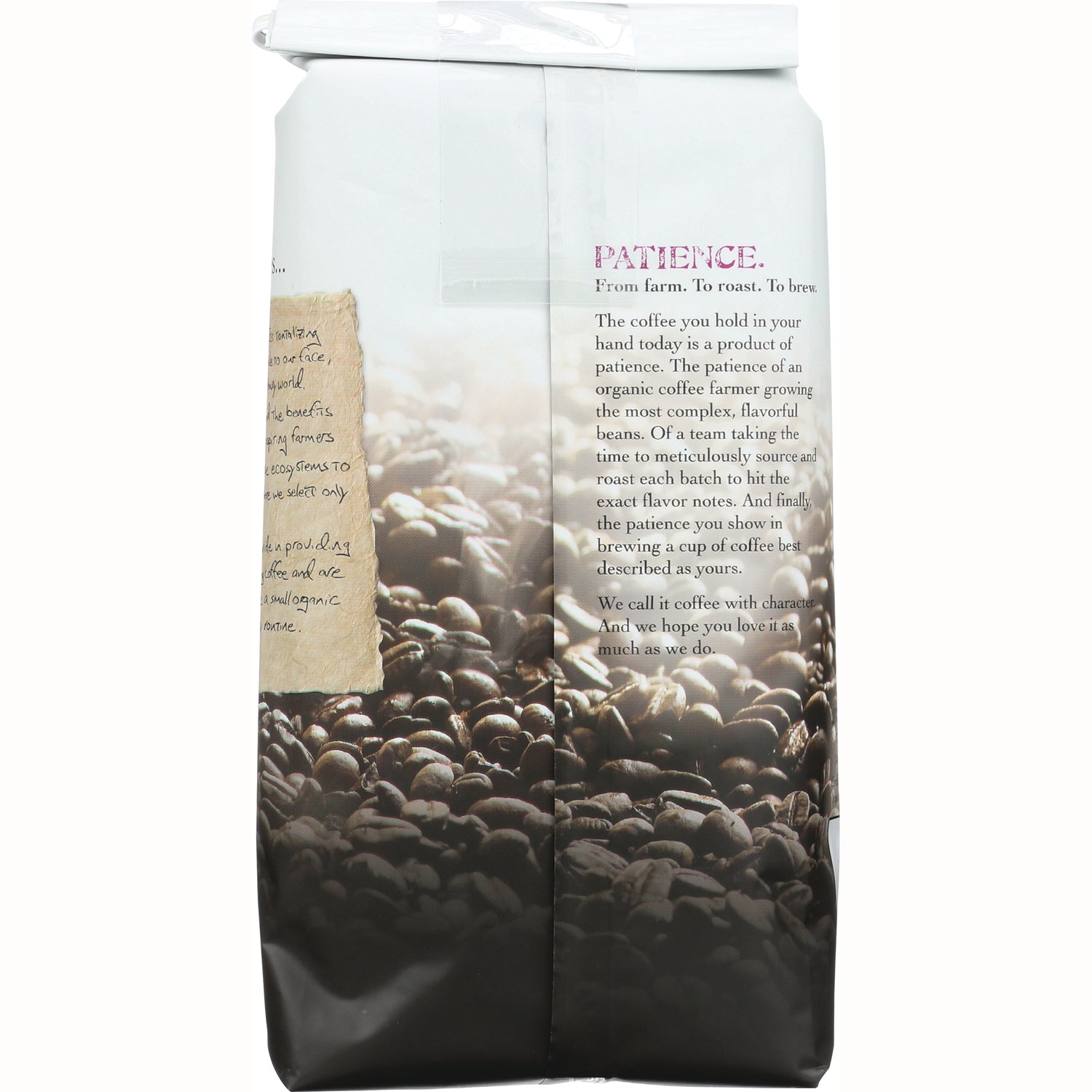 JOC001 | Back of coffee bag showing roasted coffee beans and printed story text starting with PATIENCE