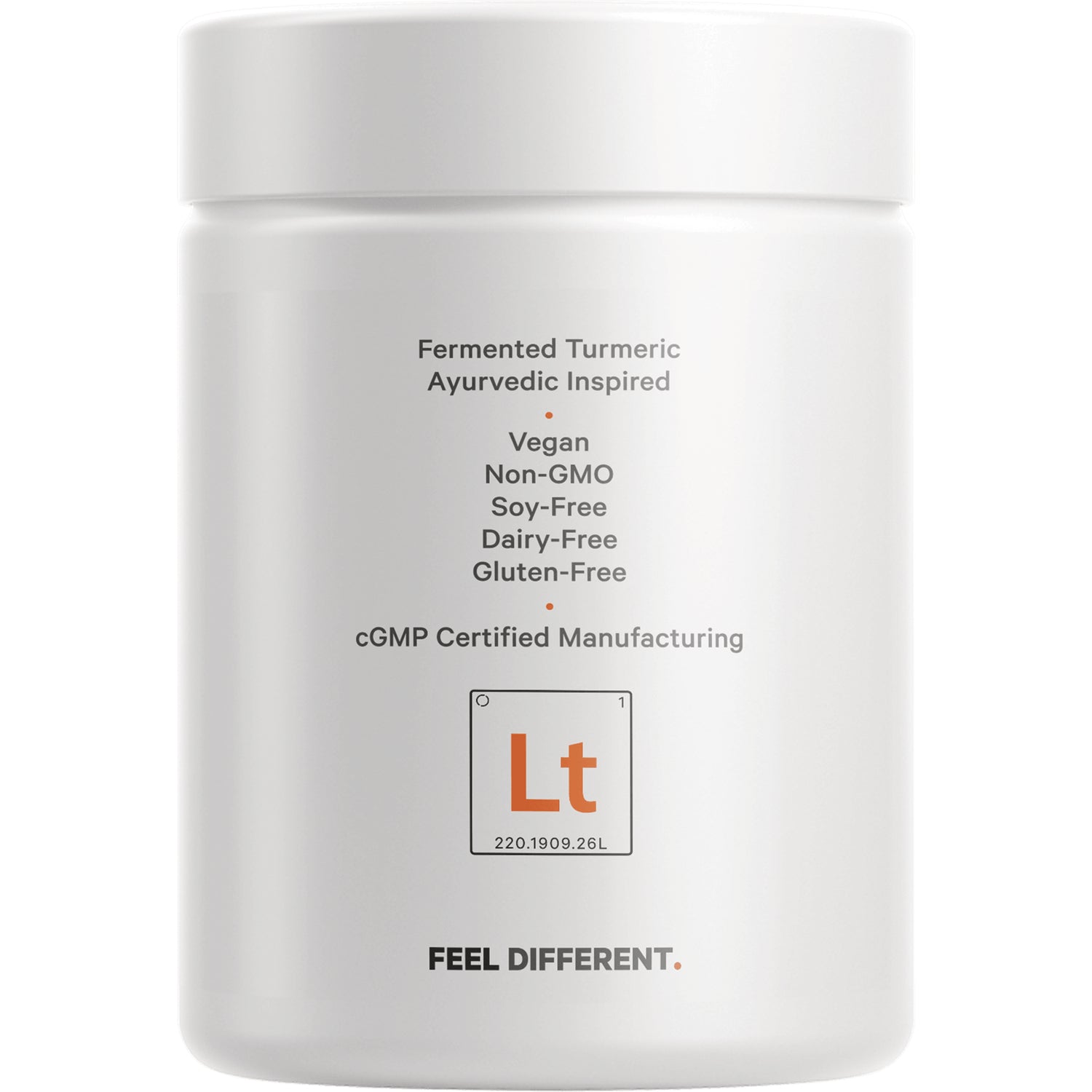 CDG014 | Back of white supplement jar showing claims Vegan, Non-GMO, Soy-Free, Dairy-Free, Gluten-Free and cGMP certified with Lt logo