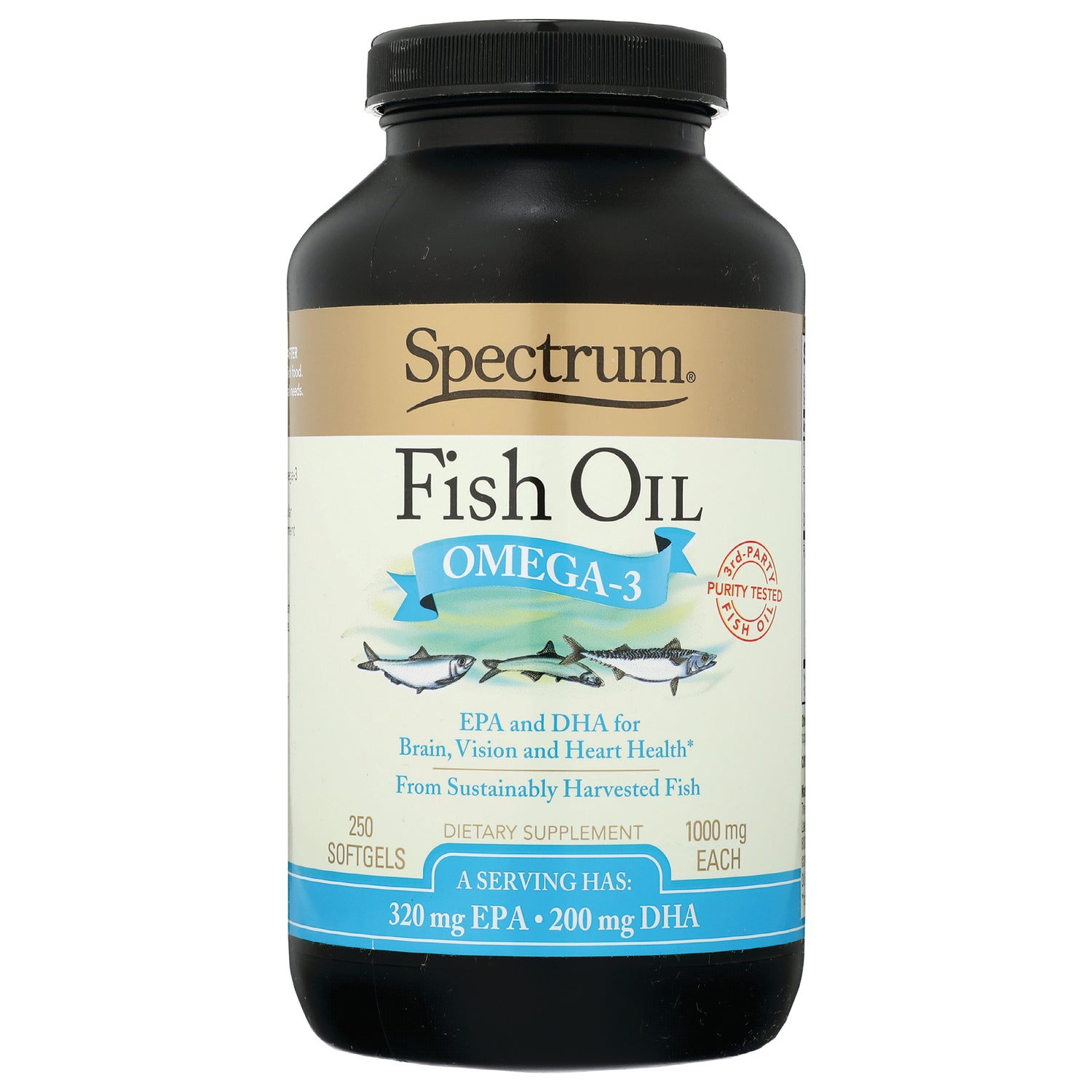 SP031 | Spectrum Fish Oil Omega-3 softgels, 250 count, 1000 mg each; serving 320 mg EPA, 200 mg DHA