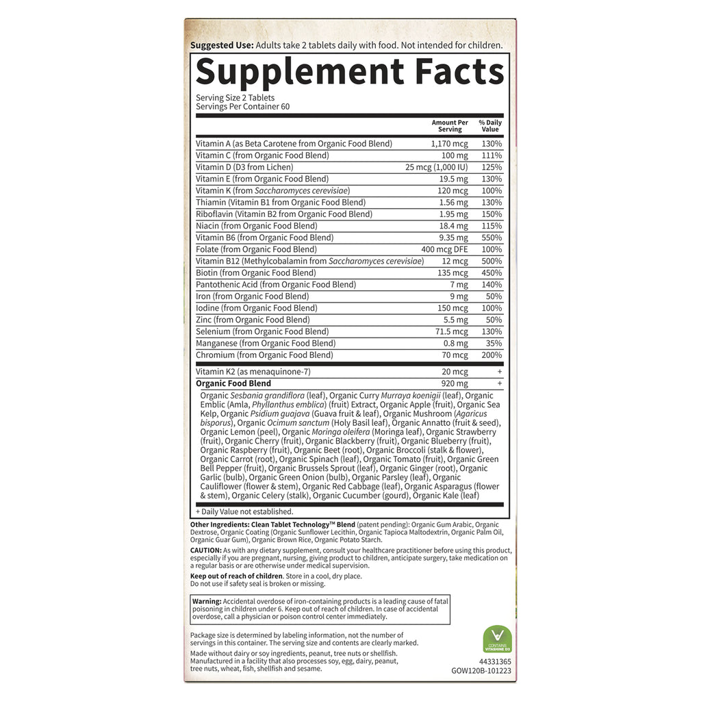 GLF178 | Back panel showing Supplement Facts, serving size, nutrient amounts and organic food blend ingredients - Thumbnail