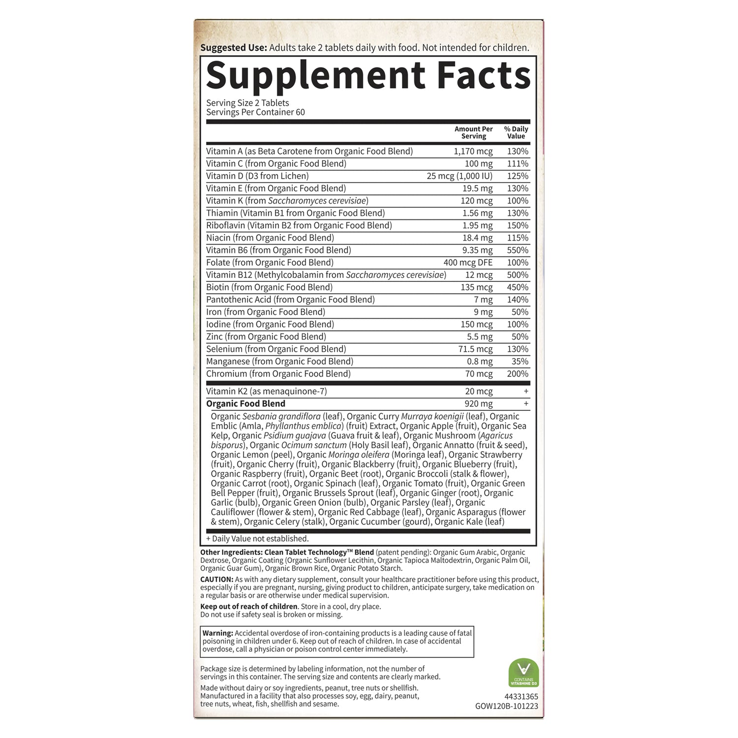GLF178 | Back panel showing Supplement Facts, serving size, nutrient amounts and organic food blend ingredients