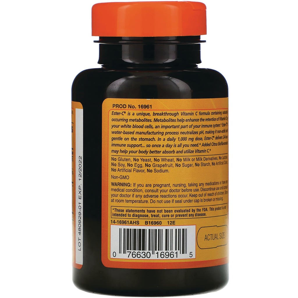 AM088 | Back label of Ester-C vitamin C supplement bottle with ingredients, warnings, and barcode - Thumbnail