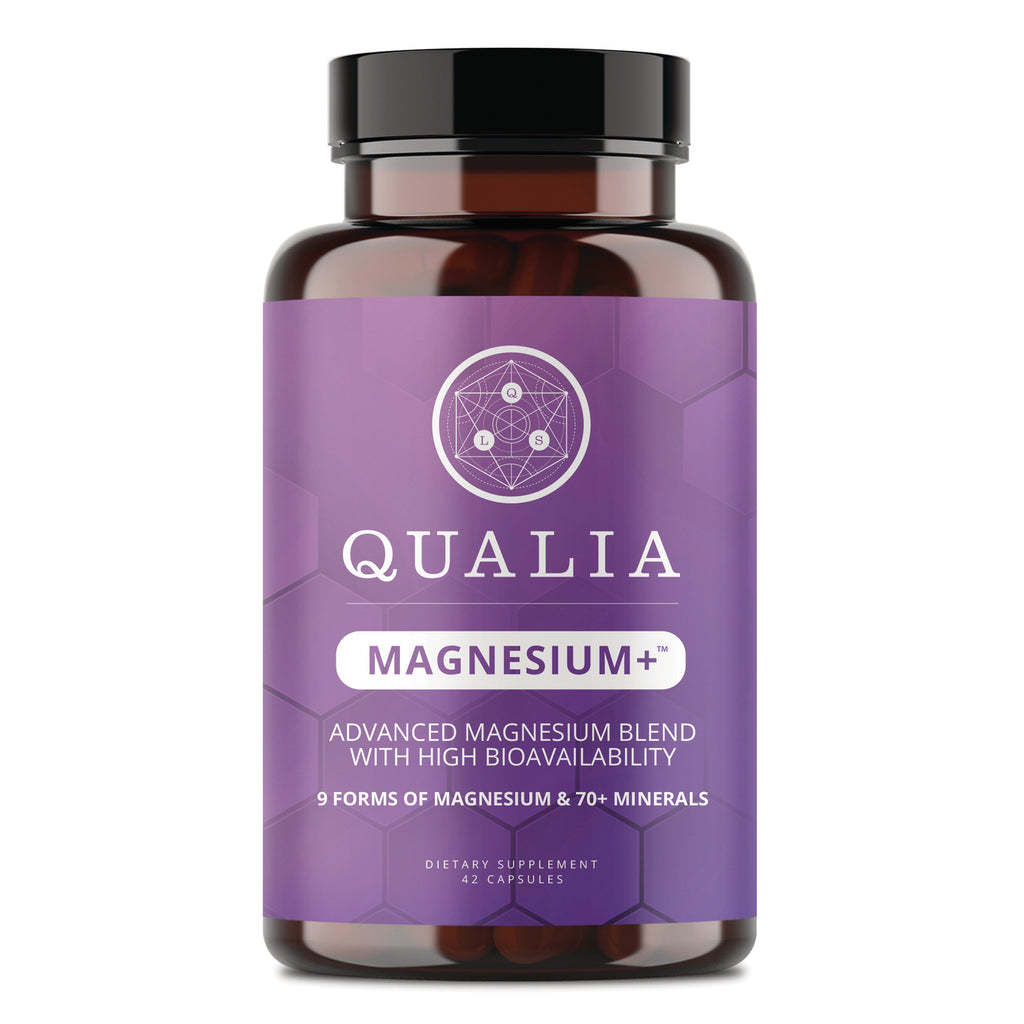 NEH010 | Amber supplement bottle with purple QUALIA MAGNESIUM+ label showing 42 capsules - Thumbnail