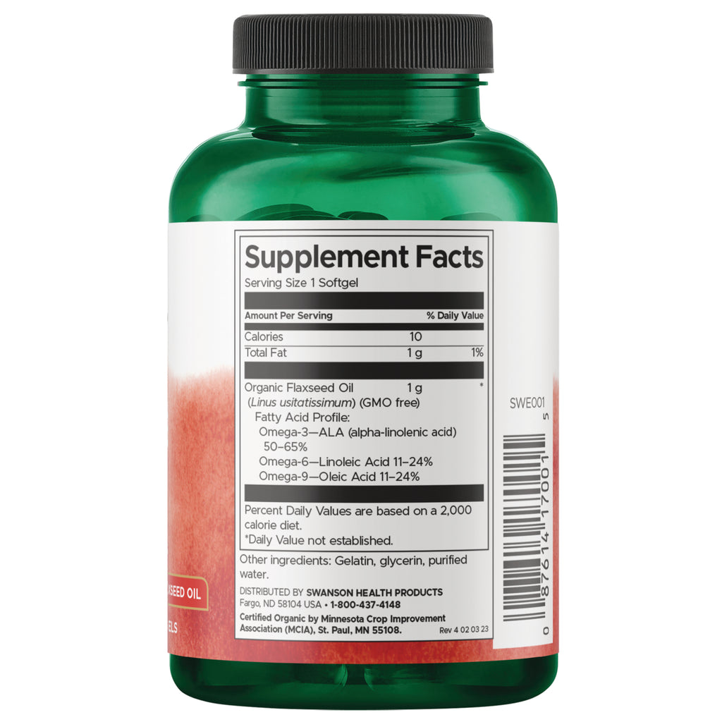 SWE001 | Back label showing Supplement Facts for organic flaxseed oil softgels; Serving Size 1 Softgel; 10 calories, 1 g fat - Thumbnail