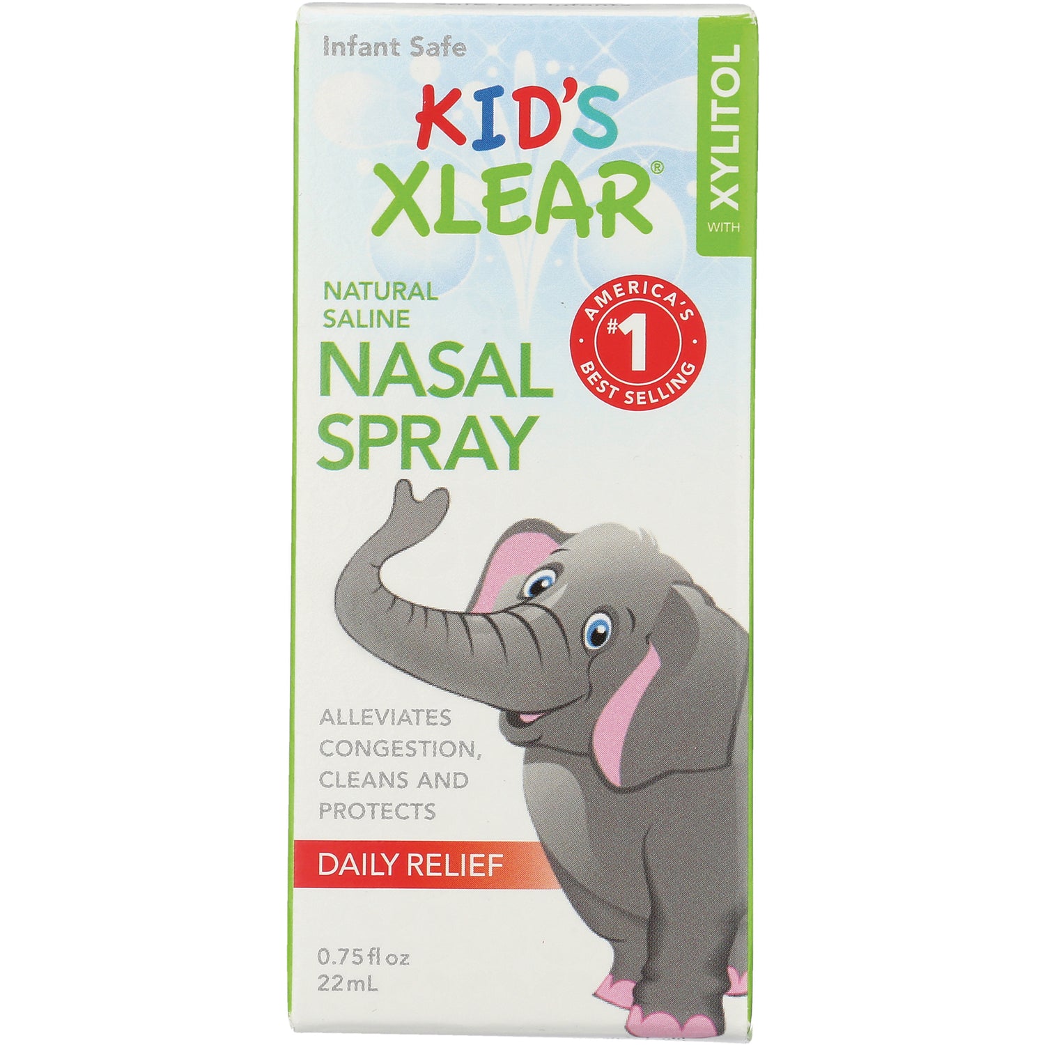 XL012 | Kid's Xlear Natural Saline Nasal Spray box, Daily Relief, 0.75 fl oz (22 mL), elephant graphic