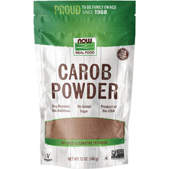 NWF919 | Now Real Food carob powder pouch front with clear window showing brown powder and label CAROB POWDER