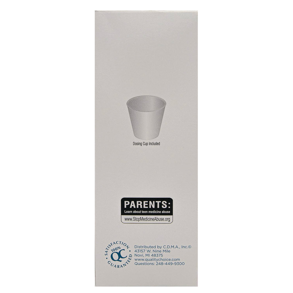 QCH021 | back of tall product box showing dosing cup illustration, PARENTS warning and distributor contact info - Thumbnail