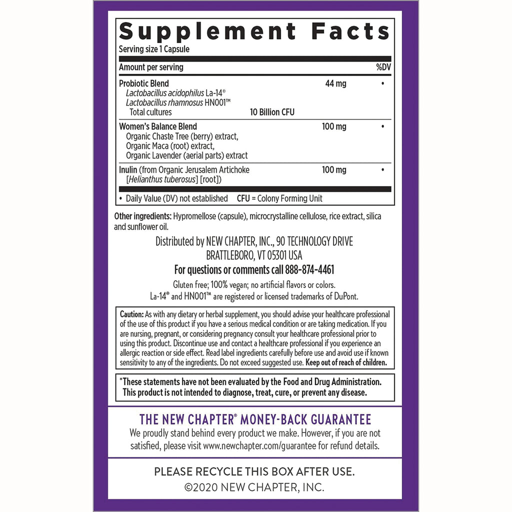NWC322 | Back label with Supplement Facts, probiotic and women's balance blends, ingredients and guarantee - Thumbnail