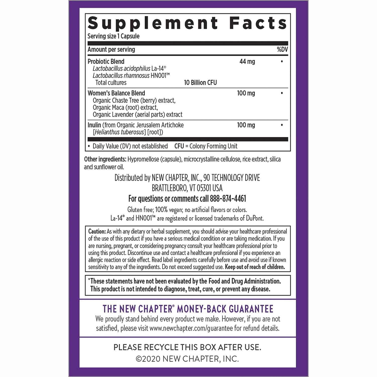 NWC322 | Back label with Supplement Facts, probiotic and women's balance blends, ingredients and guarantee