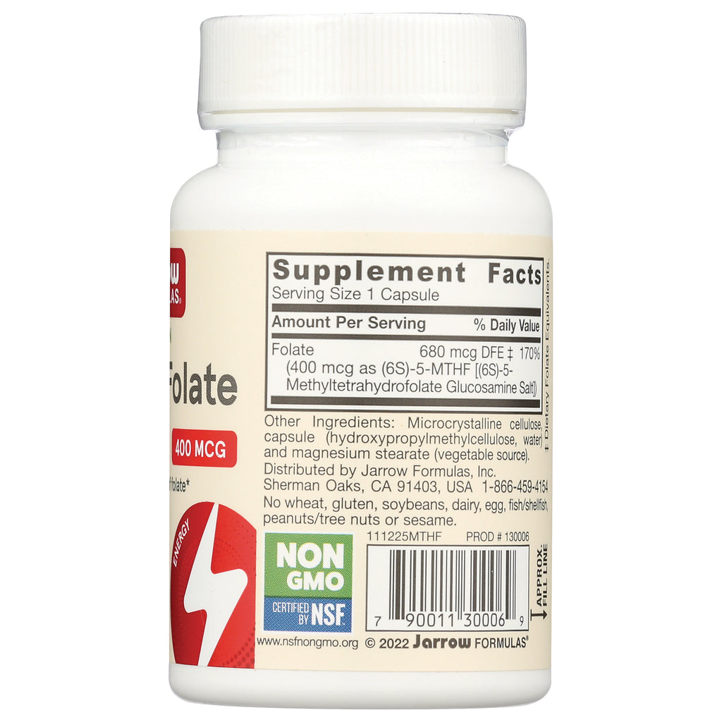 JR240 | Back label showing Supplement Facts serving size 1 capsule, folate 680 mcg DFE, ingredients, Non GMO NSF badge and barcode - Thumbnail