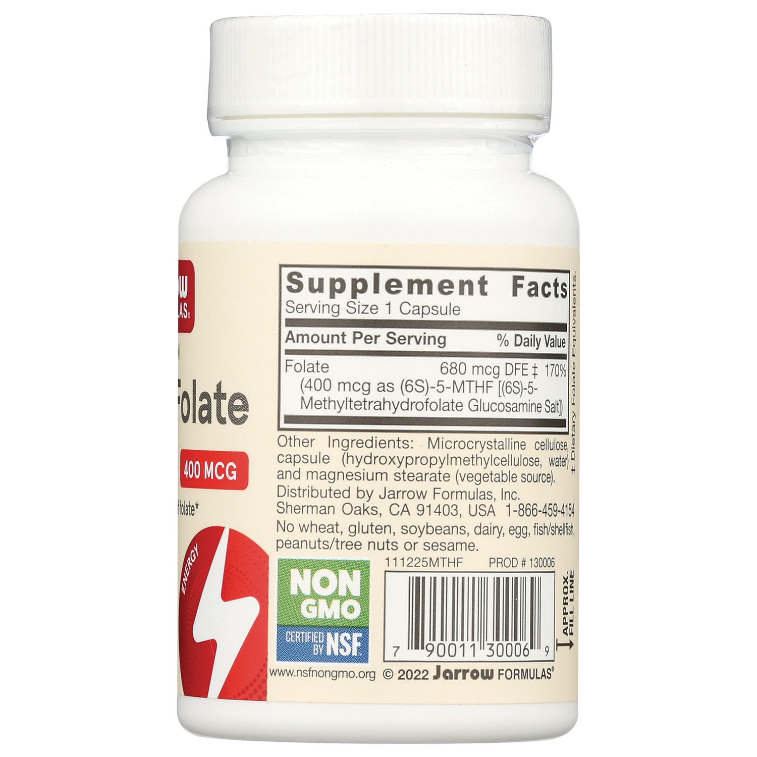 JR240 | Back label showing Supplement Facts serving size 1 capsule, folate 680 mcg DFE, ingredients, Non GMO NSF badge and barcode