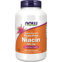 NWF944 | NOW Double Strength Flush-Free Niacin 500 mg white bottle with orange label, 180 veg capsules