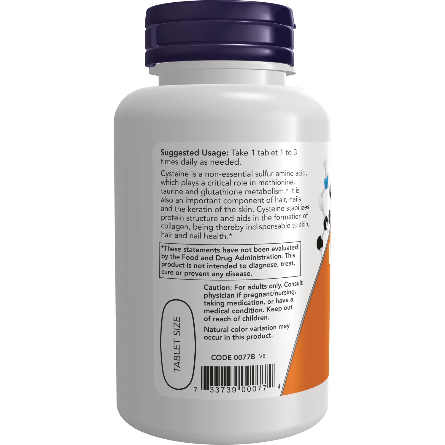 NWF324 | Back of white supplement bottle showing suggested usage, caution text, tablet size oval, and barcode